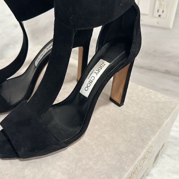 Jimmy Choo Bethel 100 black ankle strap open toe suedestrappy heels 38 - Picture 12 of 16